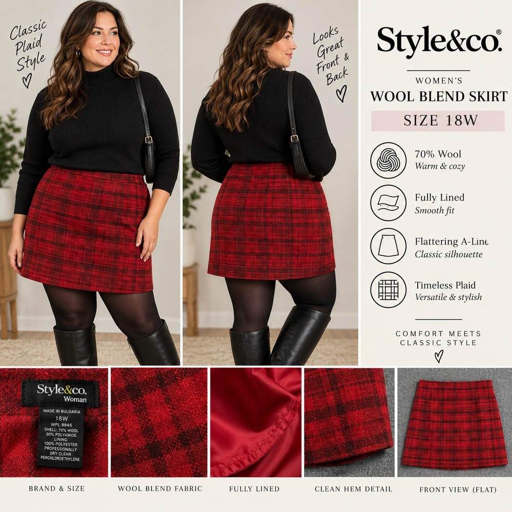 Style & Co Woman Plaid Skirt 18W Red Black 70% Wool Lined Holiday A Line Mini